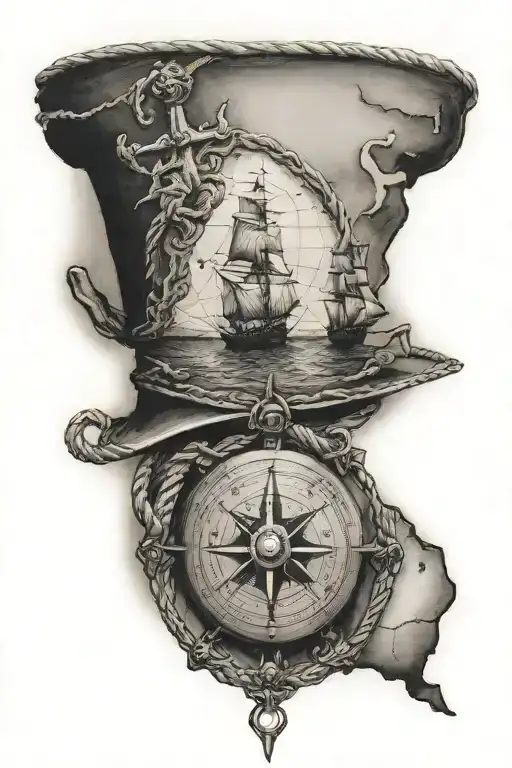 compass pointing to map of Australia and Ned kelly helmet, anchor and rope pulling down to map of Ireland  tattoo design idea