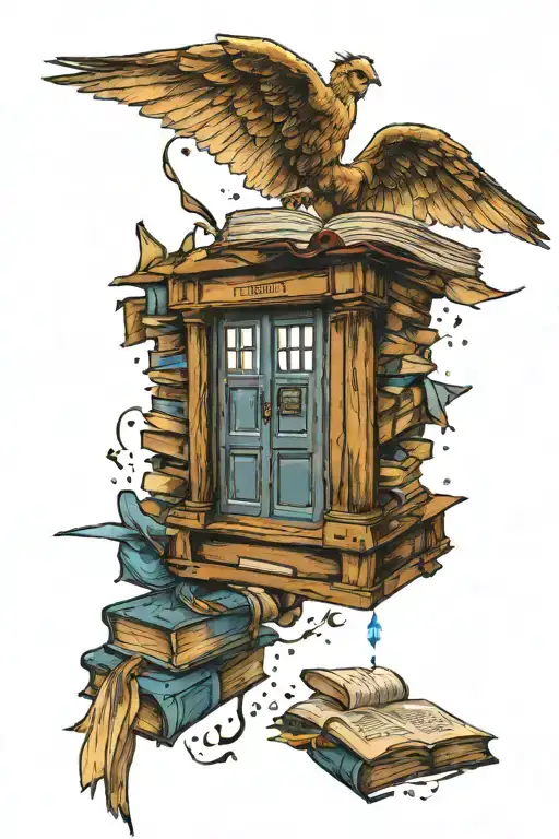 books, small tardis flying out of the  book,  tattoo design idea