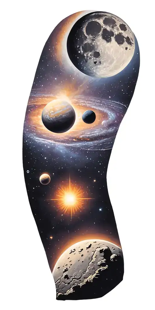 Space, galaxies, planet, moon, asteroid, sun, stars tattoo design idea