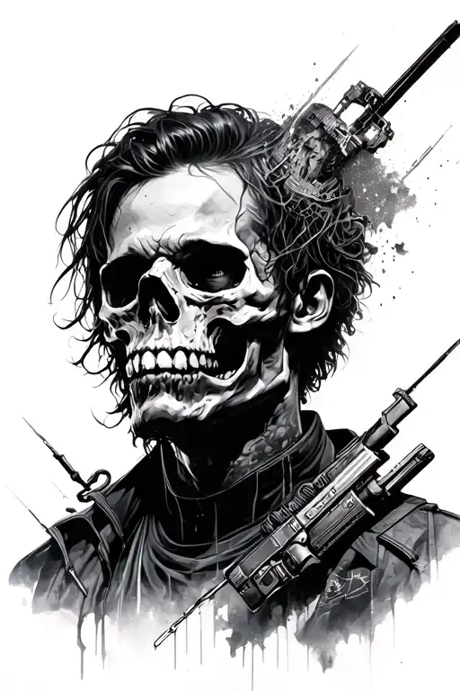 death stranding Sam Bridges in the middle and things from that game behind him tattoo design idea