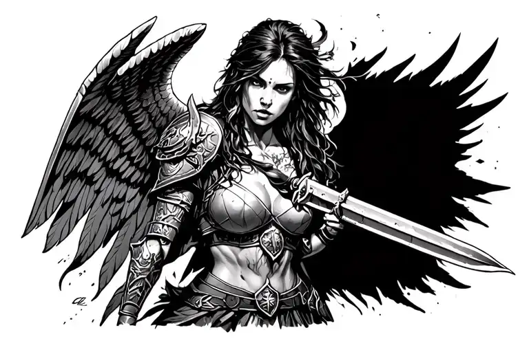 empty battle field with a valkyrie warrior woman tattoo design idea