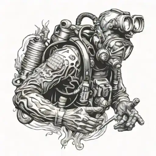 a scuba diver welding, with a decor piece featuring a haunted. with dematerialized effect. tattoo design idea