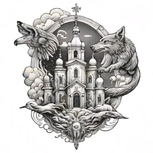 A surreal tattoo of a church with domes, wolves running below, two flying angels, and the Virgin Mary on a mountain in the background tattoo design idea