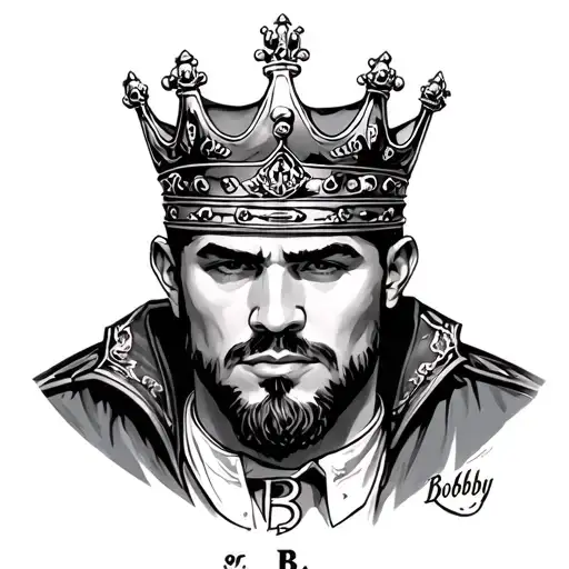 A detailed portrait of Bobby B. with a crown above the 2nd B in a black and grey style tattoo design idea