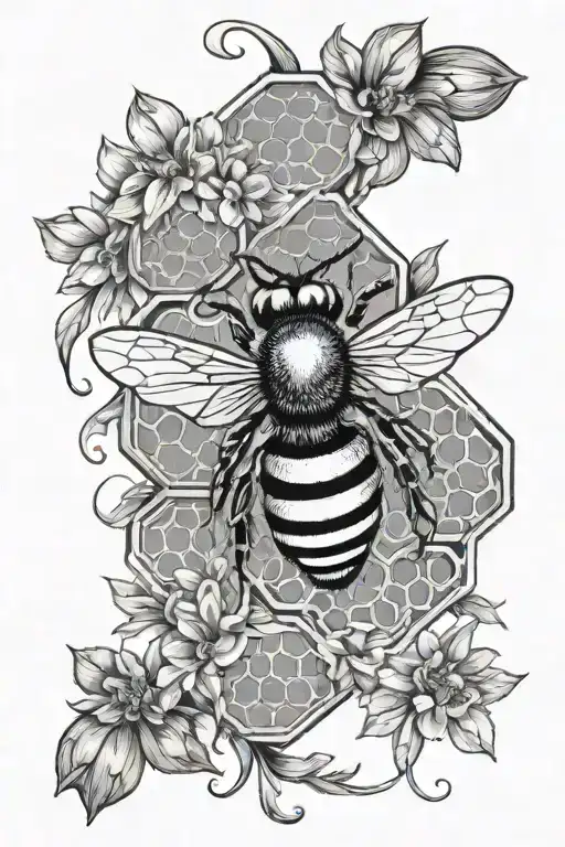 bee, honeycomb. flowers intertwined tattoo design idea