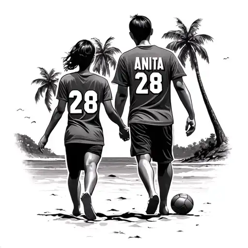 Mother and son Hand in hand walking with a footbal under his feet on the beach wit palm trees. shirt numbe 28 name Anita tattoo design idea
