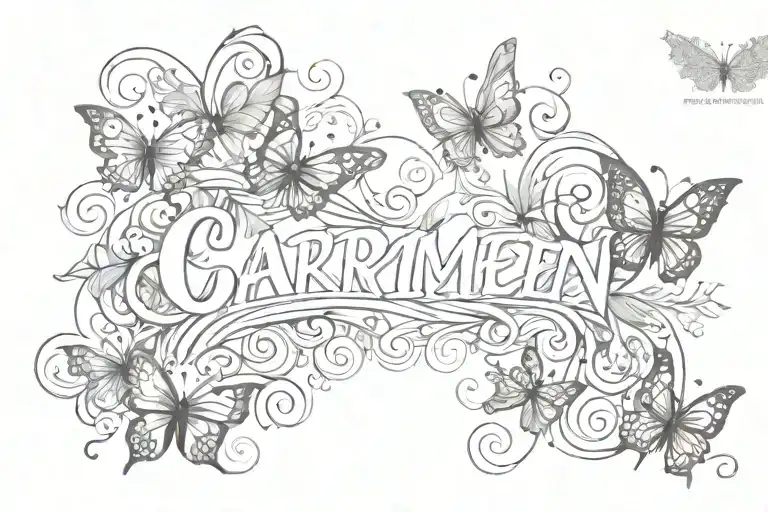 Carmen name with butterflies and swirls like lively flames tattoo design idea