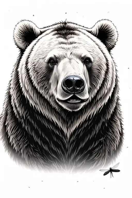 A realistic grizzly bear with a firefly resting on the bear's nose. Ears, head, chest, and face in the photo. tattoo design idea