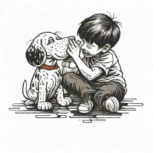 young boy crying holding Snoopy tattoo design idea