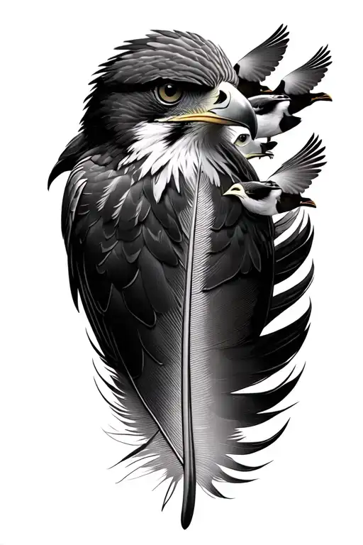 Red Tailed Hawk feather with 3 little birds flying tattoo design idea