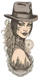 v for vendetta. hat with city skyline in the background tattoo design idea