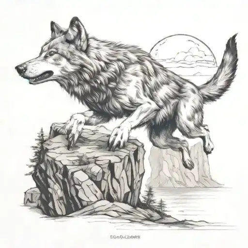 wolf jumping off a cliff to catch an eagle tattoo design idea