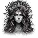 long hair psychedelic forest queen leaves tattoo design idea