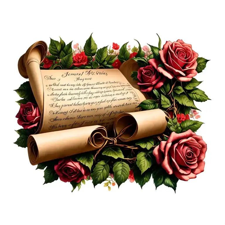 Paper scrolls like bible text  on chest with roses around for string yet soulful tattoo design idea