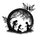 Enchanted creatures playing with fairies in a moonlit forest tattoo design idea