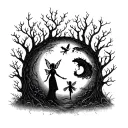 Enchanted creatures playing with fairies in a moonlit forest tattoo design idea