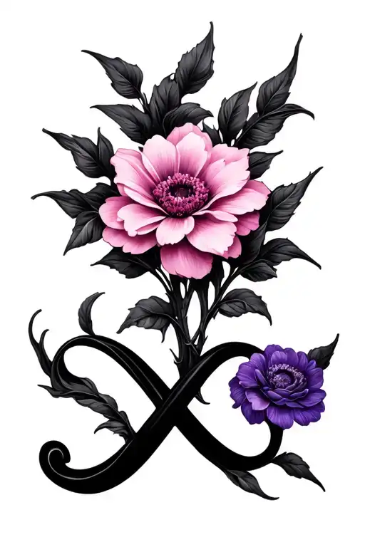 infinity sign vines forming one pink flower one purple flower symbol for mom and daughter  tattoo design idea