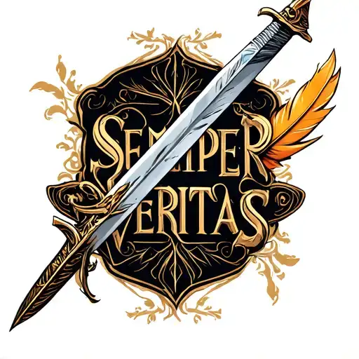 "SEMPER VERITAS" quill pen transforming into sword tattoo design idea