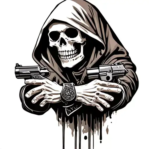 a hooded skeleton holds two pistols with silencers in his crossed hands tattoo design idea