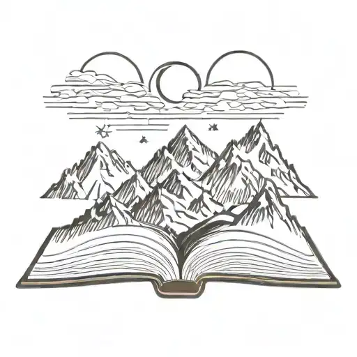 three mountain peaks sat on top of an open book with three stars above the mountains with a crescent moon behind it  tattoo design idea