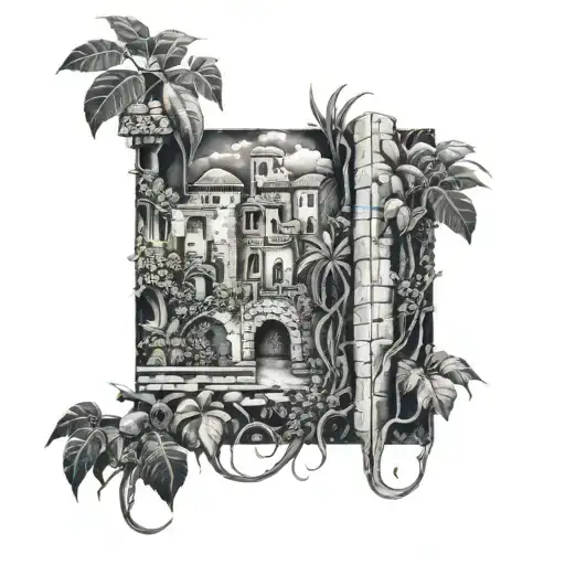 Stone city walls intertwined with lush tropical vines tattoo design idea