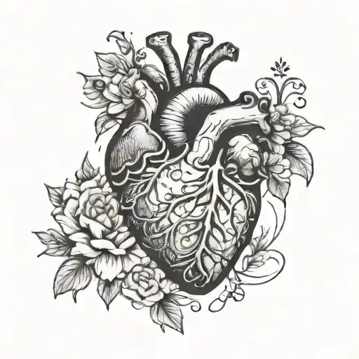 realistic heart with flowers surrounding tattoo design idea