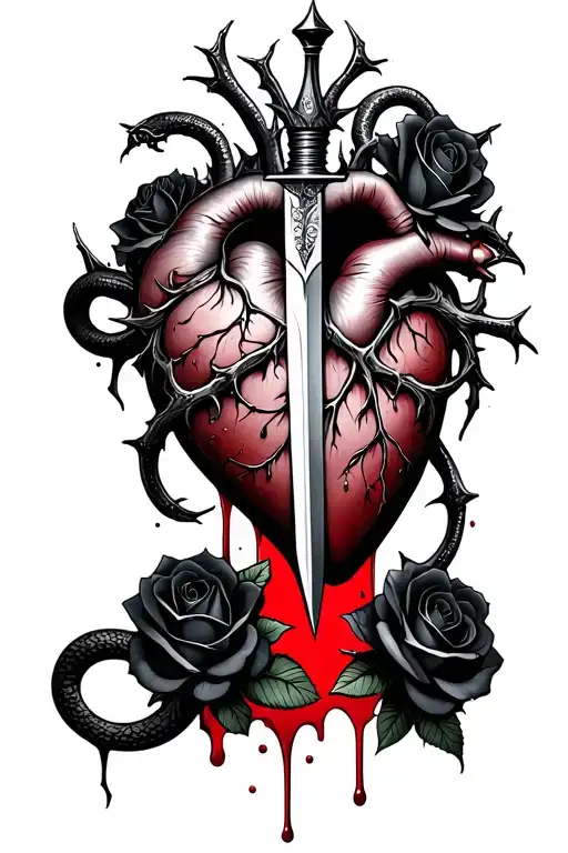 dagger piercing through a realistic bleeding human heart ensnared by black roses with thorns. Add a serpent tattoo design idea