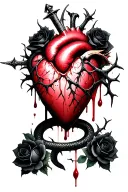 dagger piercing through a realistic bleeding human heart ensnared by black roses with thorns. Add a serpent tattoo design idea