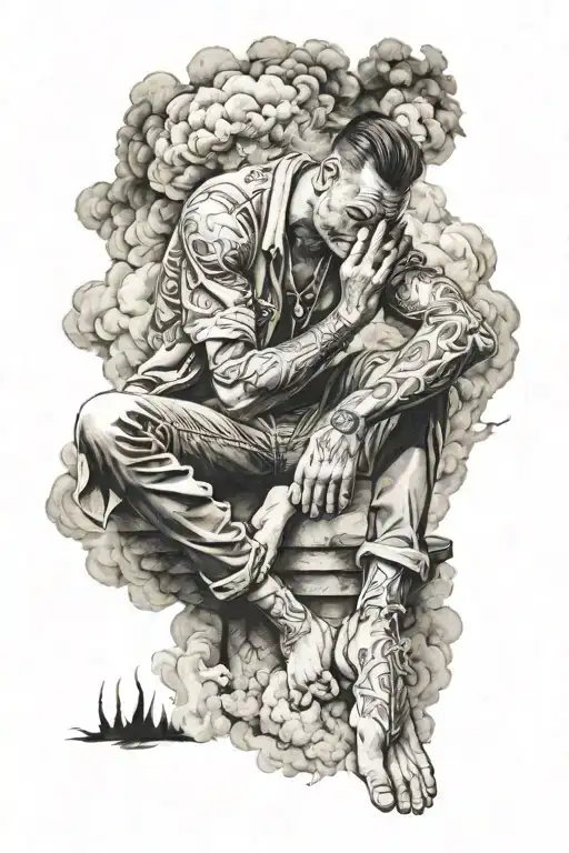 a barefoot man sitting with his head down in his knees, surrounded by mystical smoke rising above to a angelic wolf tattoo design idea