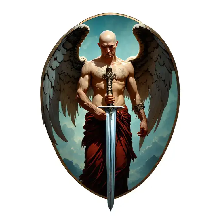 An bald angel holding the hilt of a sword in both hands, wearing a loin cloth, with wings flared, looking down, piercing tattoo design idea