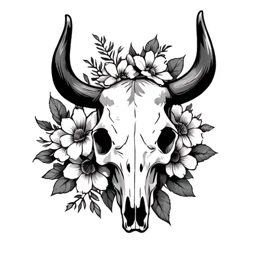 cow skull cactus flowers western tattoo design idea