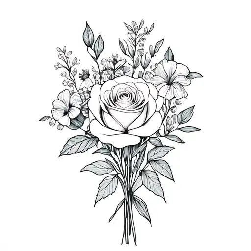 rose, honeysuckle, violets, primrose and irises bouquet tattoo design idea