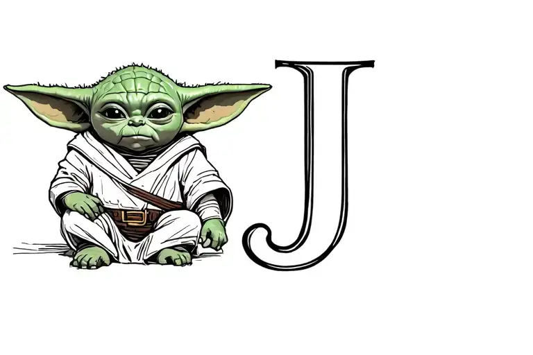 the letter J and baby yoda tattoo design idea