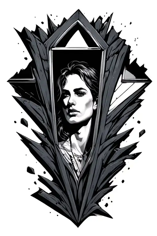 Mirror shard pointing downward with a figure inside — like a vertical window, the figure is a confident person tattoo design idea