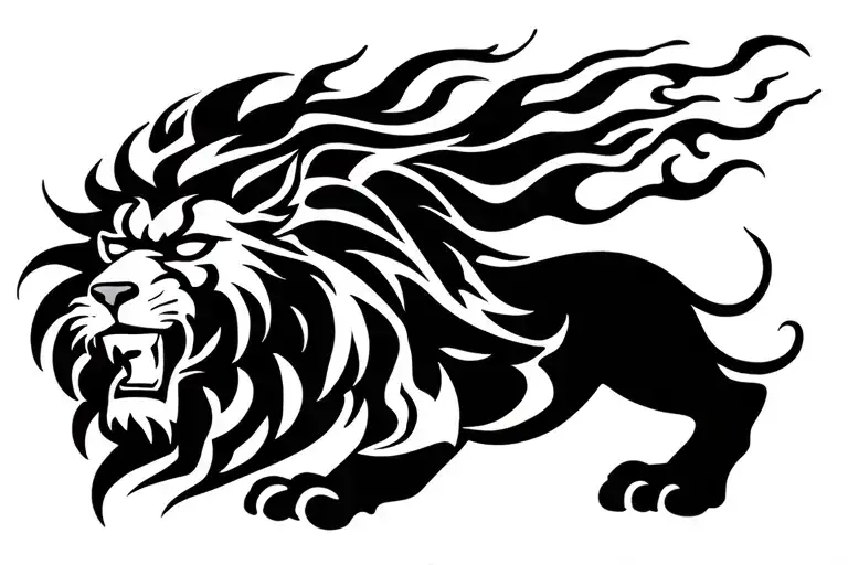 angry tribal lion with flames trailing along tattoo design idea