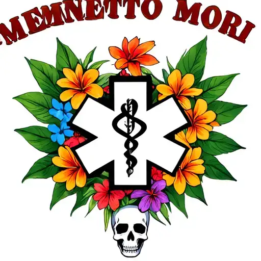 "Memento Mori " EMS star of life surrounded by Hawaiian flowers and leaves with skulls tattoo design idea