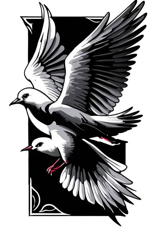  black and white line art tattoo design of a dove in flight. The wings are fully outstretched in a graceful, symmetrical tattoo design idea