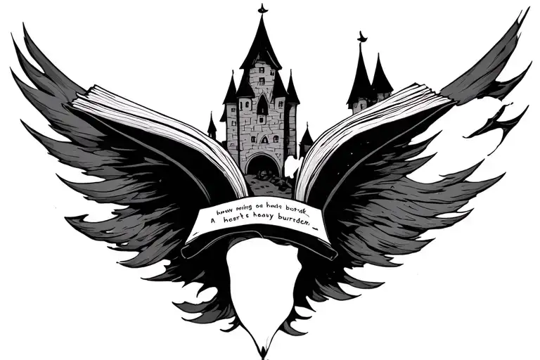 Indie tattoo, howl's moving castle themed, reading "a heart's a heavy burden" tattoo design idea