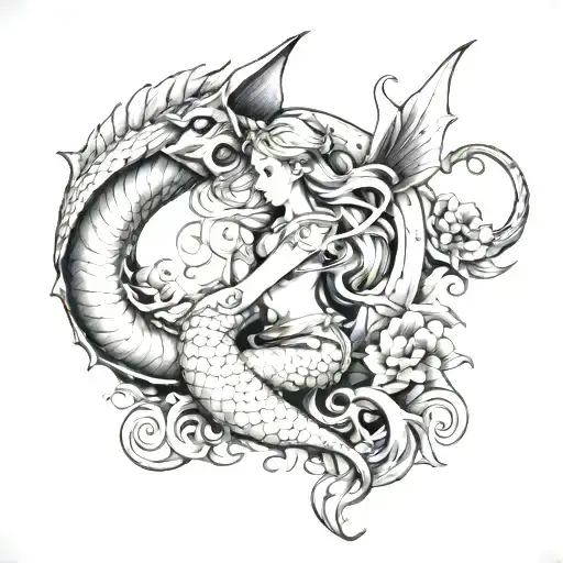 Mermaid, Unicorn, Pixie and Dragon wrapped tattoo design idea