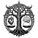 a celtic tree of life with a set of scales in front of and seperate with a heart on one scale and a brain on the other  tattoo design idea