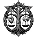 a celtic tree of life with a set of scales in front of and seperate with a heart on one scale and a brain on the other  tattoo design idea