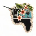 sewing machine palm tree wave cocktail coconut plumeria tiki tattoo design idea