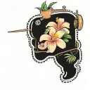 sewing machine palm tree wave cocktail coconut plumeria tiki tattoo design idea