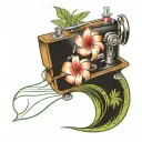 sewing machine palm tree wave cocktail coconut plumeria tiki tattoo design idea
