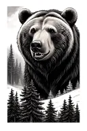 grizzly Bear head surrounded by trees tattoo design idea