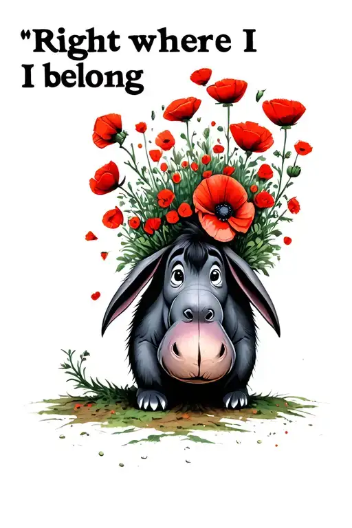 "Right where I belong" eeyore tail covered in poppies growing inside tattoo design idea