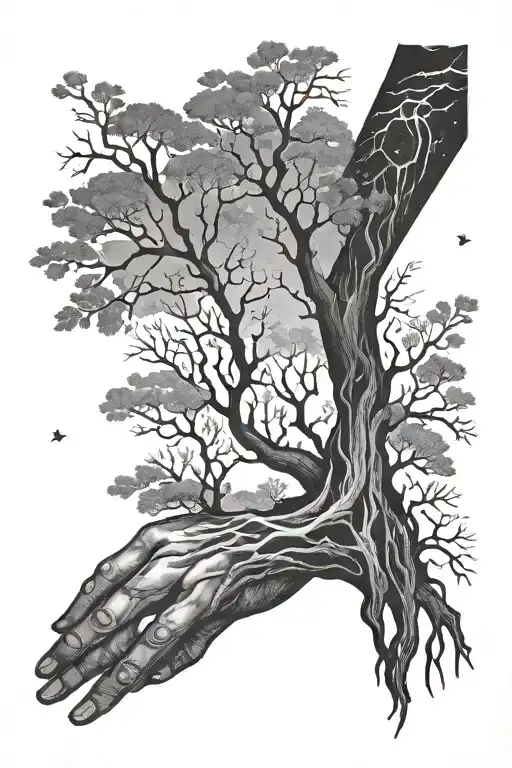 dark aurora borealis constellation with trees and roots onto hand tattoo design idea