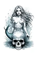 evil mermaid with a mermaid tale topless still on a bed of skull with a ocean background  tattoo design idea