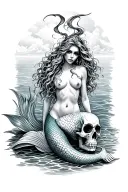 evil mermaid with a mermaid tale topless still on a bed of skull with a ocean background  tattoo design idea