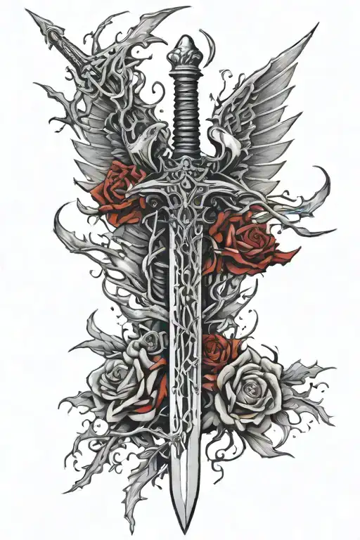 sword going down the spine with thorns wrapped around it and metal wings coming from the hilt with blood dripping  tattoo design idea